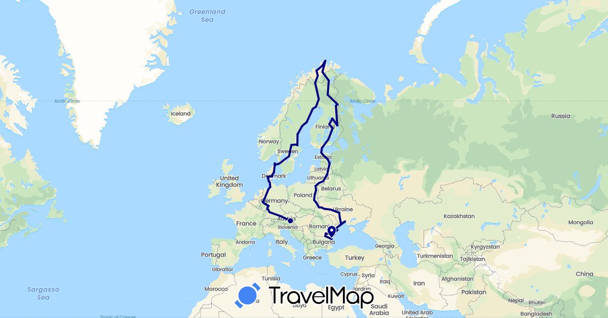 TravelMap itinerary: driving in Austria, Bulgaria, Germany, Denmark, Estonia, Finland, Lithuania, Latvia, Norway, Poland, Romania, Sweden, Ukraine (Europe)